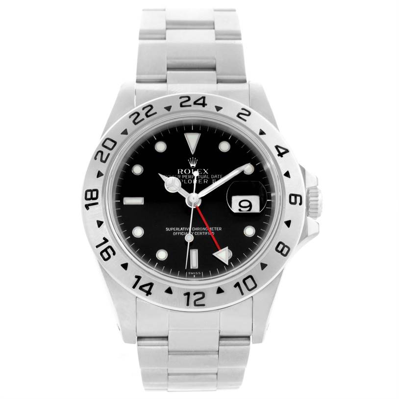 The Rolex Explorer 16570 Men
s Stainless Steel Black Dial 16570 Men
s Stainless Steel Black Dial watch is shown from a front angle, displaying the dial, bezel, crown, and bracelet.