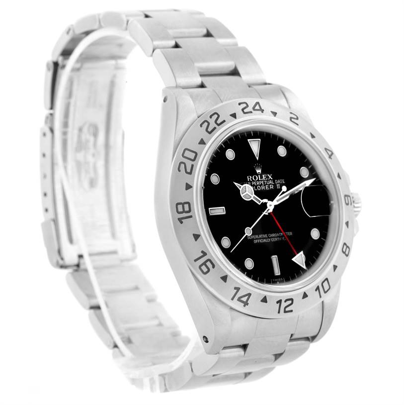 The image shows a side angle view of a Rolex Explorer 16570 Men
s Stainless Steel Black Dial 16570 Men
s Stainless Steel Black Dial watch, featuring its bezel, dial, and bracelet.