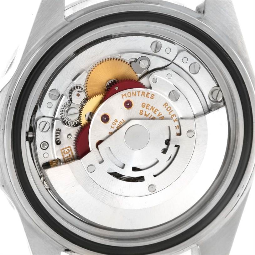 This image shows the intricate internal movement components of a Rolex Explorer 16570 Men
s Stainless Steel Black Dial 16570 Men
s Stainless Steel Black Dial watch from a back view angle.