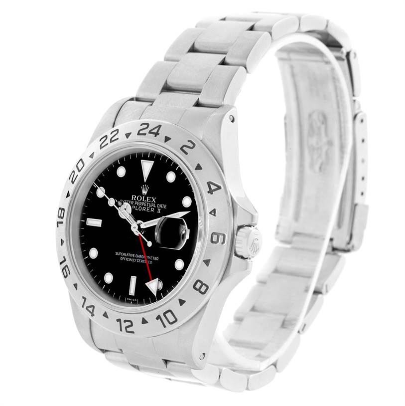 The image shows a side angle of the Rolex Explorer 16570 Men
s Stainless Steel Black Dial 16570 Men
s Stainless Steel Black Dial watch, highlighting its face, bezel, crown, and bracelet.