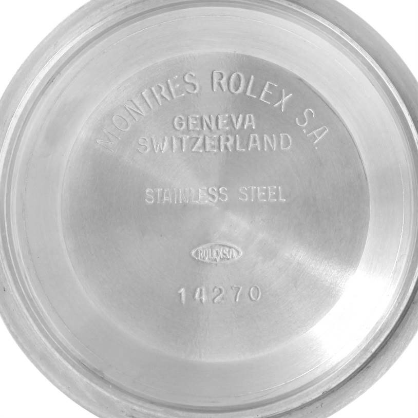 This is a close-up of the case back of a Rolex Explorer 14270 Men's Stainless Steel Black Dial 14270 Men's Stainless Steel Black Dial model, showing engraved details of the brand and model number "14270."