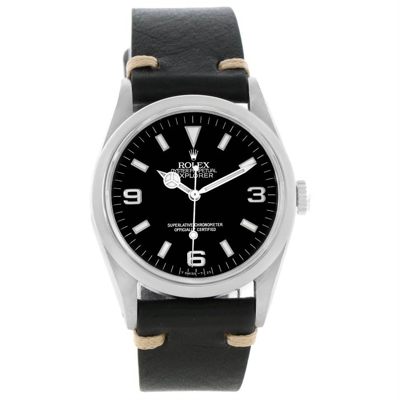 The image shows a front view of the Rolex Explorer 14270 Men's Stainless Steel Black Dial 14270 Men's Stainless Steel Black Dial watch, featuring its black dial, numeric markers, and leather strap.