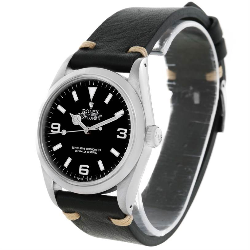 The Rolex Explorer 14270 Men's Stainless Steel Black Dial 14270 Men's Stainless Steel Black Dial watch is shown at a slight angle displaying the watch face, crown, case, and leather strap.