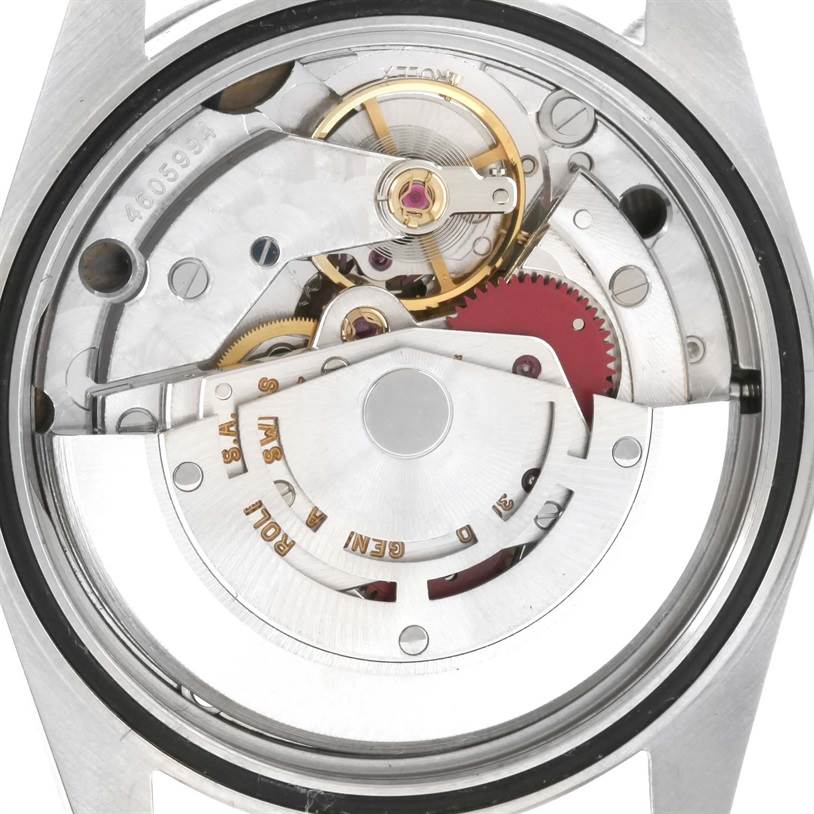 The image shows the inner mechanical movement of a Rolex Explorer 14270 Men's Stainless Steel Black Dial 14270 Men's Stainless Steel Black Dial watch from a rear angle with the case back removed.