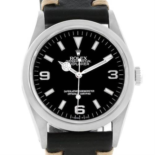 Photo of Rolex Explorer I Mens Steel Black Leather Strap Watch 14270