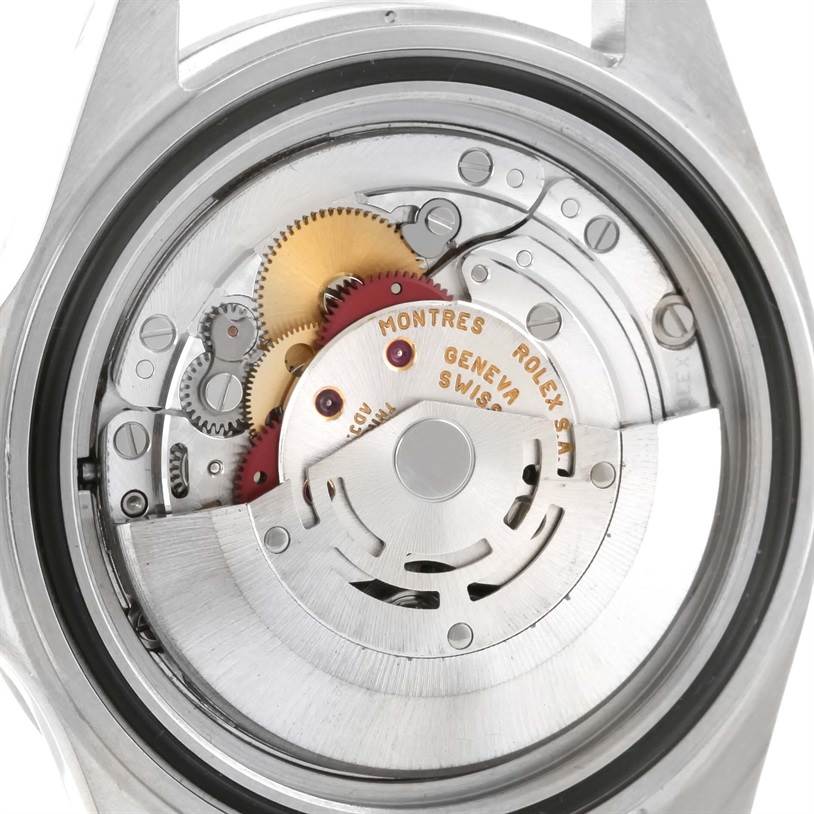 This image shows the movement mechanism of a Rolex Explorer 16570 Men's Stainless Steel Silver Dial 16570 Men's Stainless Steel Silver Dial watch from a back angle.