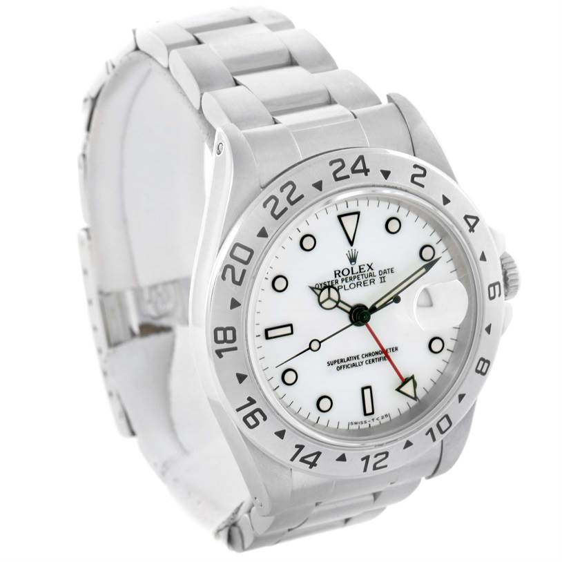 This image shows a front angle of the Rolex Explorer 16570 Men's Stainless Steel Silver Dial 16570 Men's Stainless Steel Silver Dial watch, highlighting its face, bezel, and part of the bracelet.