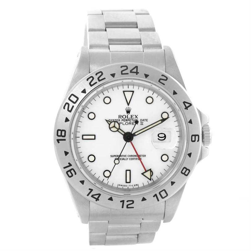 The image shows a front view of a Rolex Explorer 16570 Men's Stainless Steel Silver Dial 16570 Men's Stainless Steel Silver Dial watch with a white dial, silver bezel, and stainless steel bracelet.
