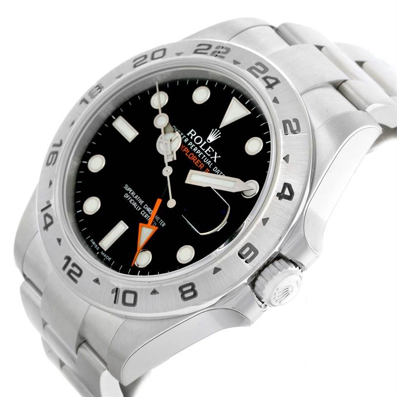 This Rolex Explorer 216570 Men's Stainless Steel Black Dial 216570 Men's Stainless Steel Black Dial watch is shown at an angled view, highlighting the face, bezel, crown, and part of the bracelet.