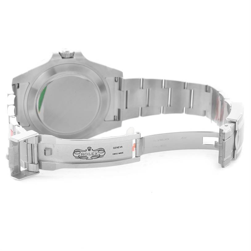 The image shows the back view and open clasp of an Explorer model watch by Rolex.