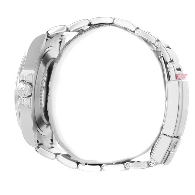 The image shows a side view of the Rolex Explorer 216570 Men's Stainless Steel Black Dial 216570 Men's Stainless Steel Black Dial watch, highlighting the crown and wristband.