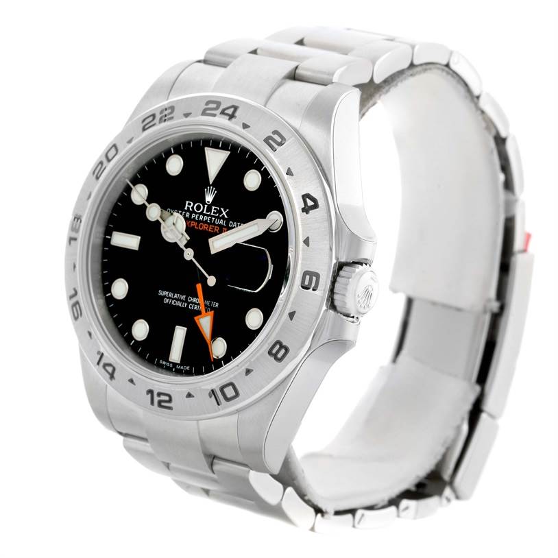 This image shows a side and front view of a Rolex Explorer 216570 Men's Stainless Steel Black Dial 216570 Men's Stainless Steel Black Dial model watch, highlighting the bezel, crown, face, and bracelet.