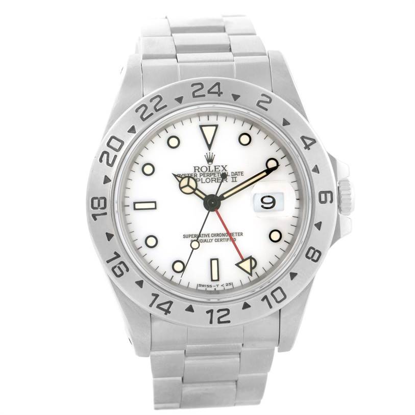 This image shows a frontal view of a Rolex Explorer 16570 Men's Stainless Steel White Dial 16570 Men's Stainless Steel White Dial watch, displaying the dial, bezel, crown, and bracelet.
