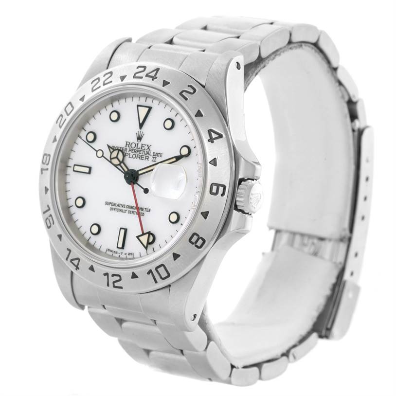 The Rolex Explorer 16570 Men's Stainless Steel White Dial 16570 Men's Stainless Steel White Dial watch is shown at a three-quarter angle, highlighting the dial, bezel, crown, and bracelet.