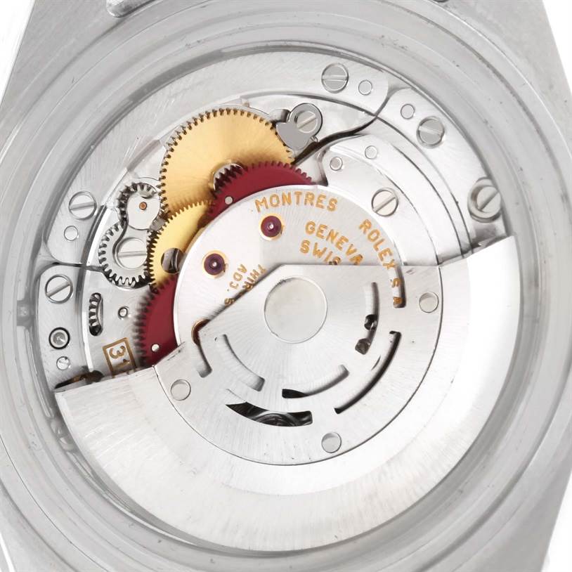 The image shows the inner mechanical movement of a Rolex Explorer 16570 Men's Stainless Steel White Dial 16570 Men's Stainless Steel White Dial watch from a close-up, angled from the back.