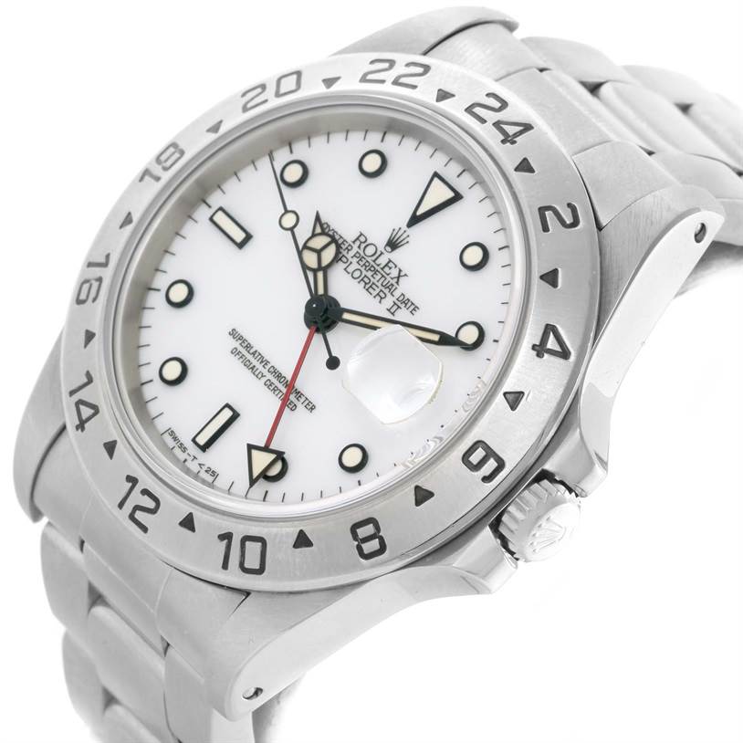 This image shows the face, bezel, and part of the bracelet of a Rolex Explorer 16570 Men's Stainless Steel White Dial 16570 Men's Stainless Steel White Dial watch, angled from the 3 o'clock position.