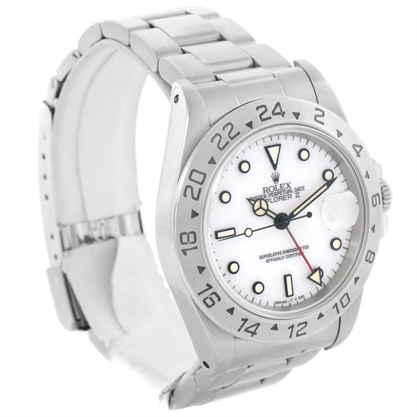 The image shows a front angled view of a Rolex Explorer 16570 Men's Stainless Steel White Dial 16570 Men's Stainless Steel White Dial watch, displaying the dial, bezel, bracelet, and crown.