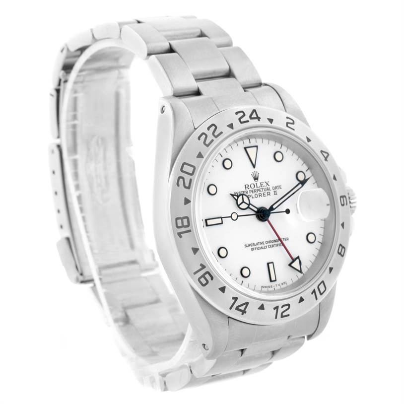 The Rolex Explorer 16570 Men's Stainless Steel White Dial 16570 Men's Stainless Steel White Dial watch is shown at an angle displaying the front face, bezel, and part of the metal bracelet.