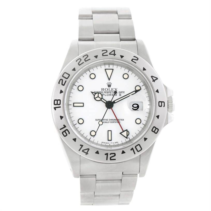 The image shows a front view of a Rolex Explorer 16570 Men's Stainless Steel White Dial 16570 Men's Stainless Steel White Dial model watch, displaying its face, bezel, bracelet, and crown.