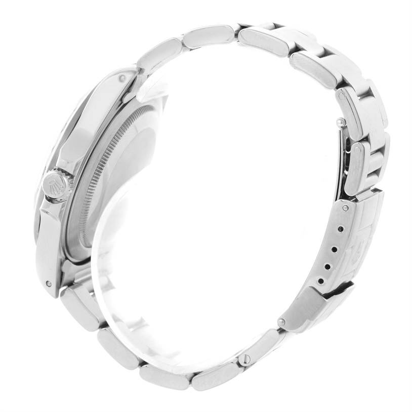 The image shows a side view of the Rolex Explorer 16570 Men's Stainless Steel White Dial 16570 Men's Stainless Steel White Dial watch, highlighting the bracelet, clasp, and case side.