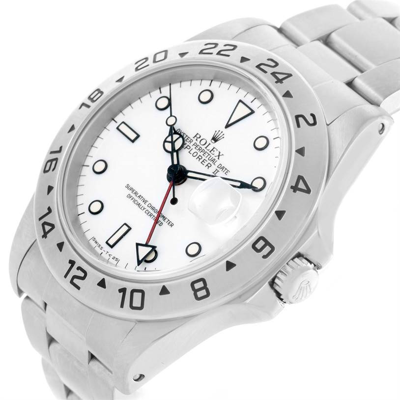 The image shows a Rolex Explorer 16570 Men's Stainless Steel White Dial 16570 Men's Stainless Steel White Dial watch angled to display its face, bezel, crown, and part of the bracelet.