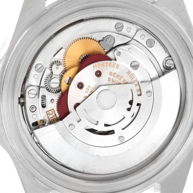 The image shows the internal movement mechanism of a Rolex Explorer 16570 Men's Stainless Steel White Dial 16570 Men's Stainless Steel White Dial watch from the back.