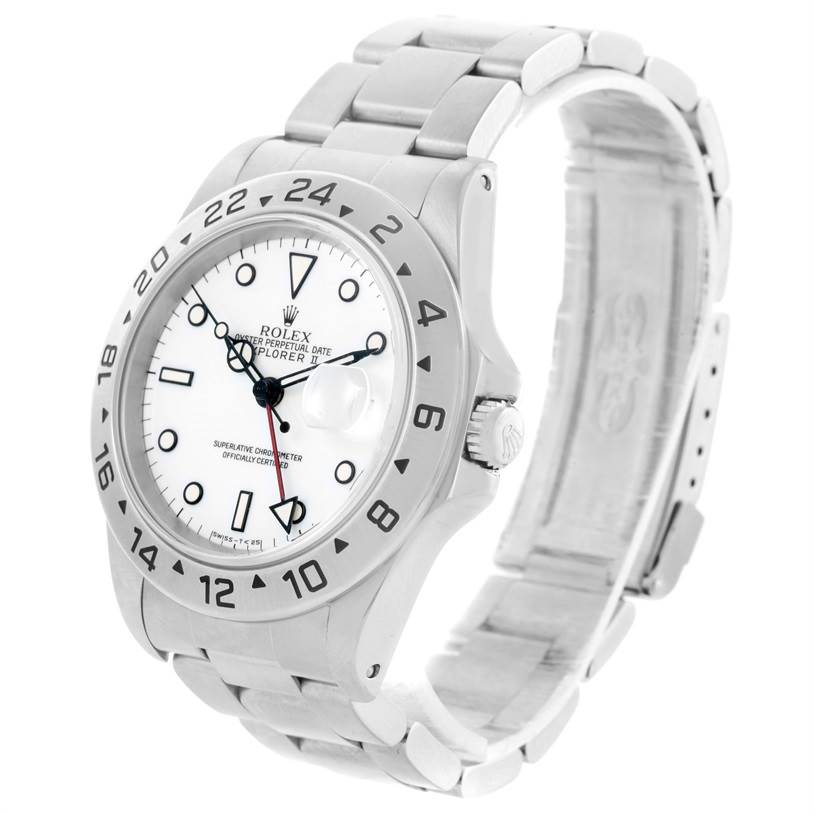 The image shows a Rolex Explorer 16570 Men's Stainless Steel White Dial 16570 Men's Stainless Steel White Dial watch, angled to display the face with a white dial, bezel, crown, and part of the bracelet.