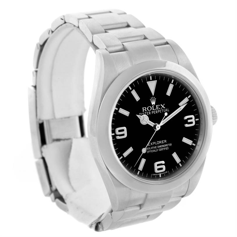 The image shows a Rolex Explorer 214270 Men's Stainless Steel Black Dial 214270 Men's Stainless Steel Black Dial watch at a slight angle, highlighting the dial, bezel, and bracelet.