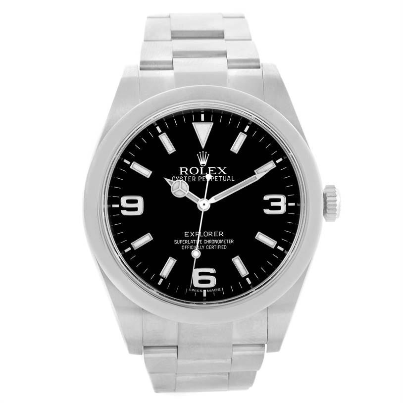 The image shows a front view of the Rolex Explorer 214270 Men's Stainless Steel Black Dial 214270 Men's Stainless Steel Black Dial watch, highlighting the face, dial, and stainless steel bracelet.