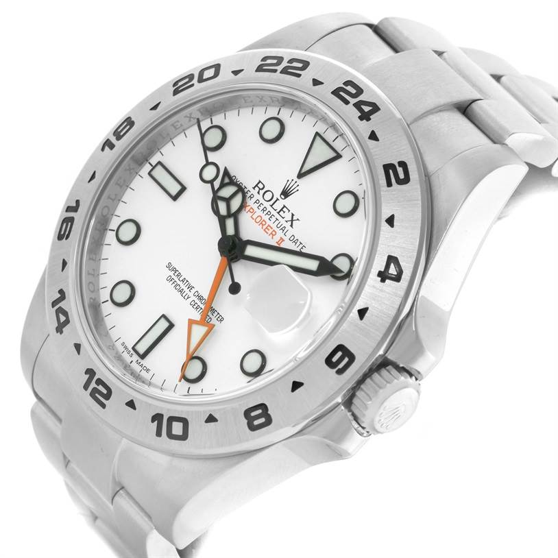 The image shows a close-up angle of the Rolex Explorer 216570WSO Men's Stainless Steel White Dial 216570WSO Men's Stainless Steel White Dial watch, highlighting its white dial, bezel, and bracelet.