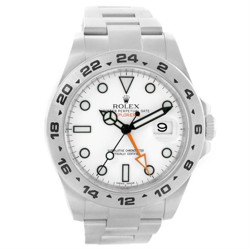 The image shows a front view of a Rolex Explorer 216570WSO Men's Stainless Steel White Dial 216570WSO Men's Stainless Steel White Dial watch with a white dial, date display, and steel bracelet.