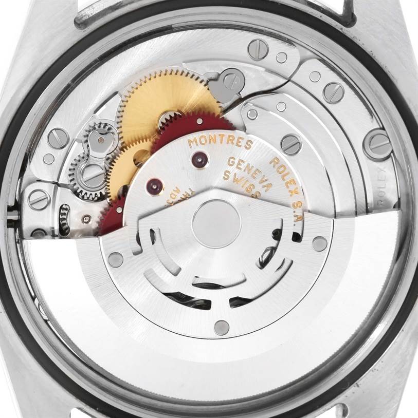 This image shows the movement mechanism of the Rolex Explorer 114270 Men's Stainless Steel Black Dial 114270 Men's Stainless Steel Black Dial watch from a rear angle.