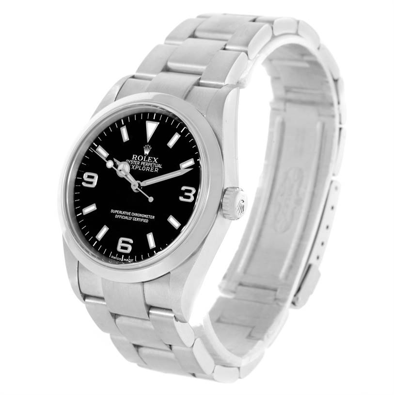 The image shows a Rolex Explorer 114270 Men's Stainless Steel Black Dial 114270 Men's Stainless Steel Black Dial watch angled slightly from the front, highlighting its face, bezel, and partly opened metal bracelet.