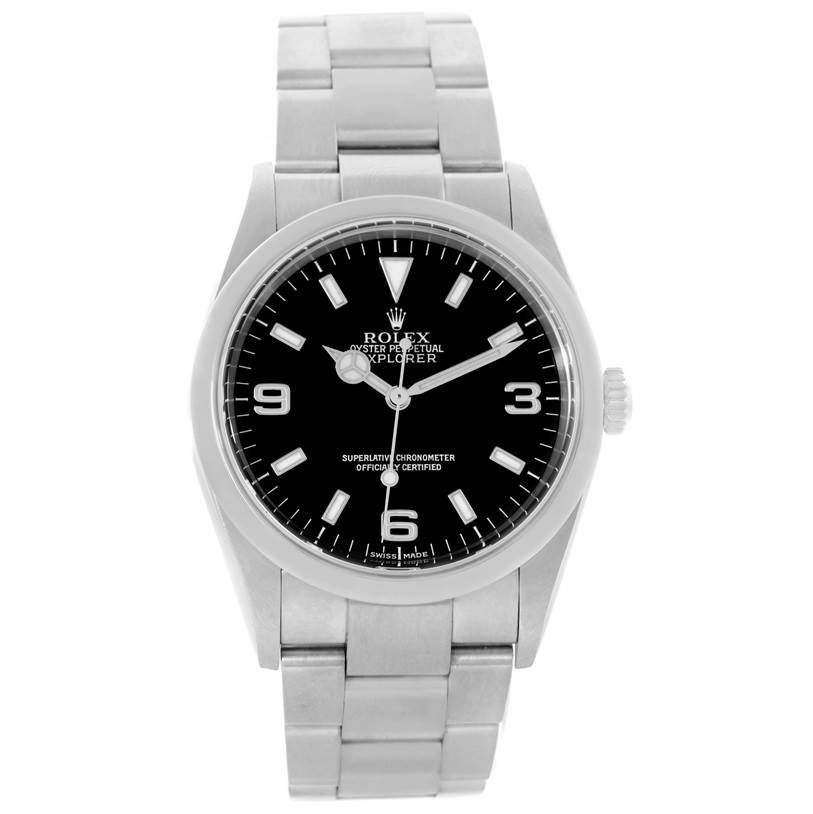 The image shows a front view of a Rolex Explorer 114270 Men's Stainless Steel Black Dial 114270 Men's Stainless Steel Black Dial watch, featuring its dial, bracelet, and crown.