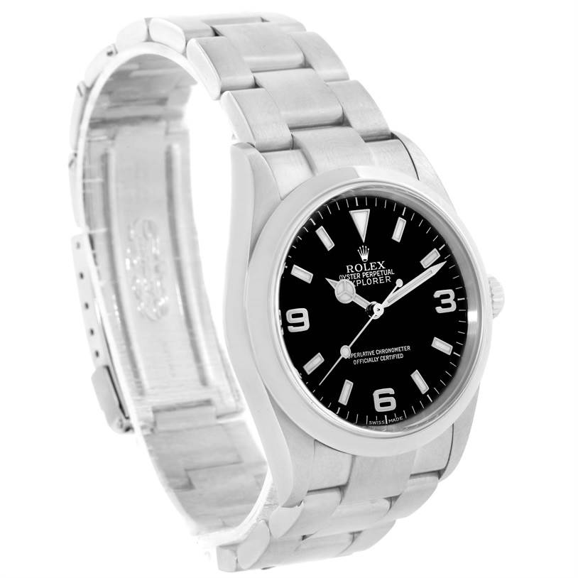 The Rolex Explorer 114270 Men's Stainless Steel Black Dial 114270 Men's Stainless Steel Black Dial watch is shown from a three-quarter angle, displaying its dial, bracelet, and clasp.