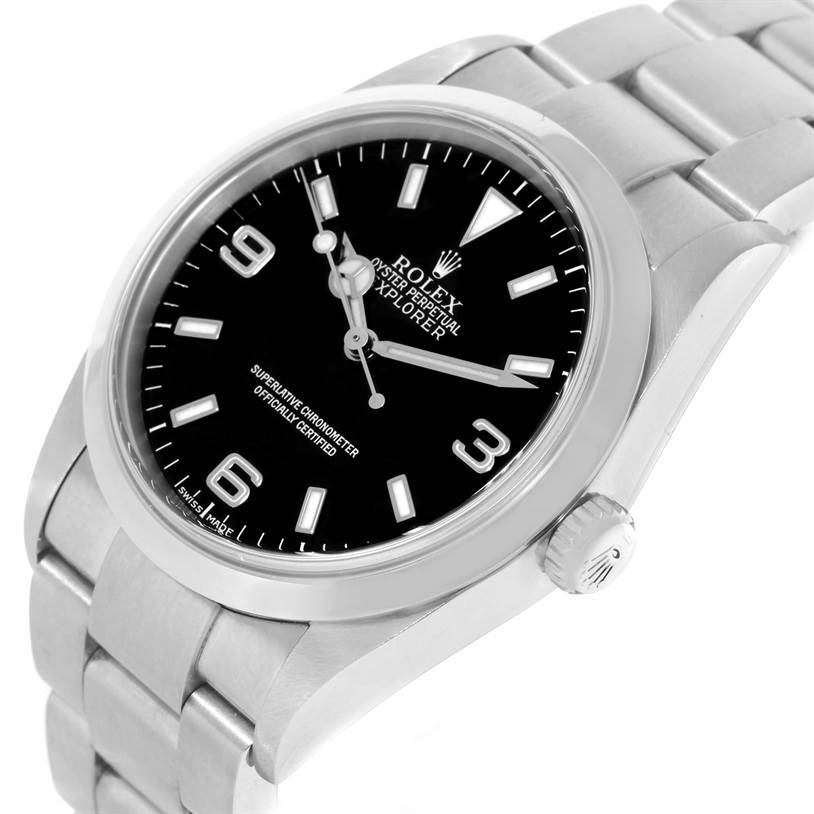 The image shows a Rolex Explorer 114270 Men's Stainless Steel Black Dial 114270 Men's Stainless Steel Black Dial watch at a slight angle, highlighting the dial, bezel, crown, and part of the bracelet.