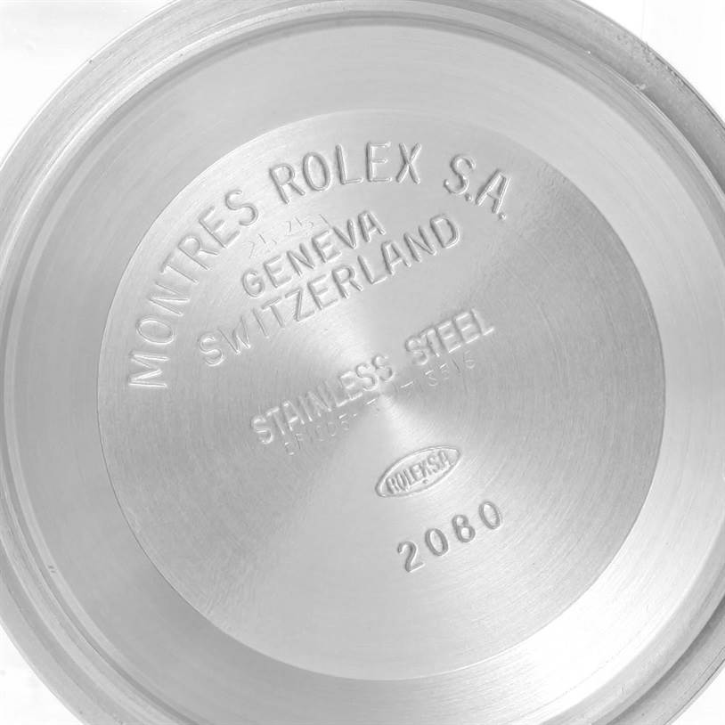 This image shows the interior of the case back for the Rolex Explorer 114270 Men's Stainless Steel Black Dial 114270 Men's Stainless Steel Black Dial model, engraved with brand details.