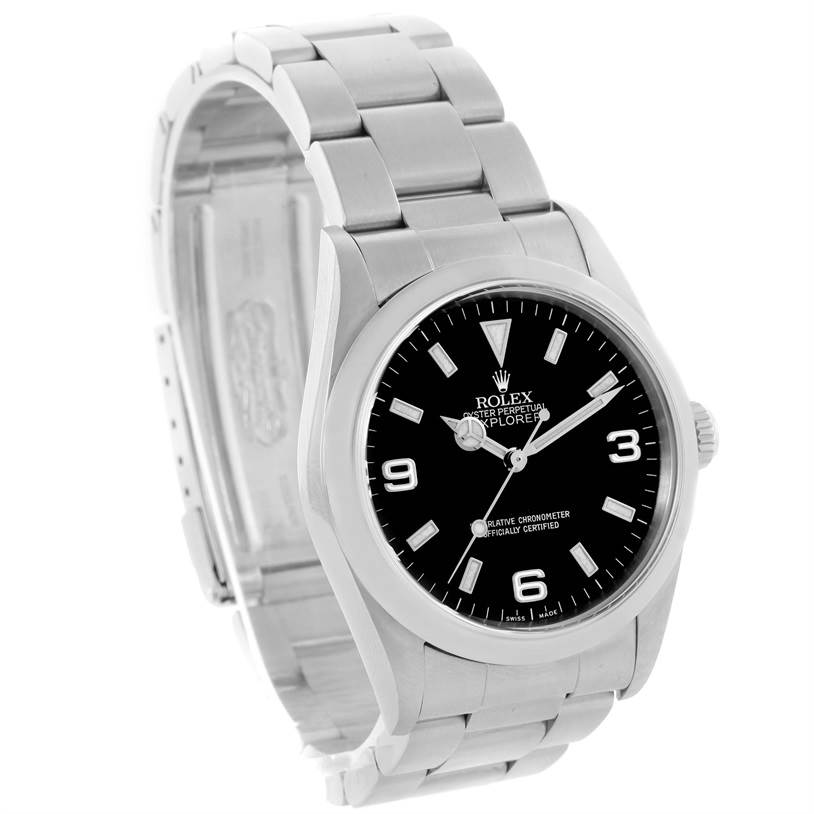 The image shows a side and front angle view of the Rolex Explorer 114270 Men's Stainless Steel Black Dial 114270 Men's Stainless Steel Black Dial watch, highlighting its dial and bracelet.