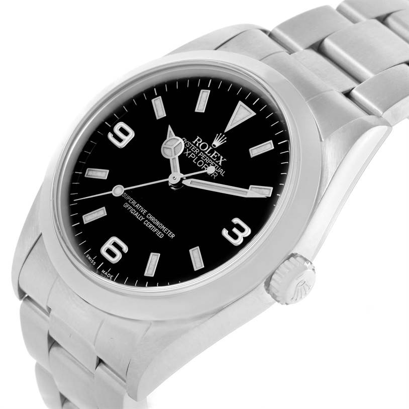 The image shows a Rolex Explorer 114270 Men's Stainless Steel Black Dial 114270 Men's Stainless Steel Black Dial watch at an angle, highlighting its black dial, markers, crown, and stainless steel bracelet.