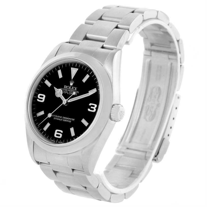 The Rolex Explorer 114270 Men's Stainless Steel Black Dial 114270 Men's Stainless Steel Black Dial watch is shown at a three-quarter angle, highlighting the dial, bezel, and bracelet.