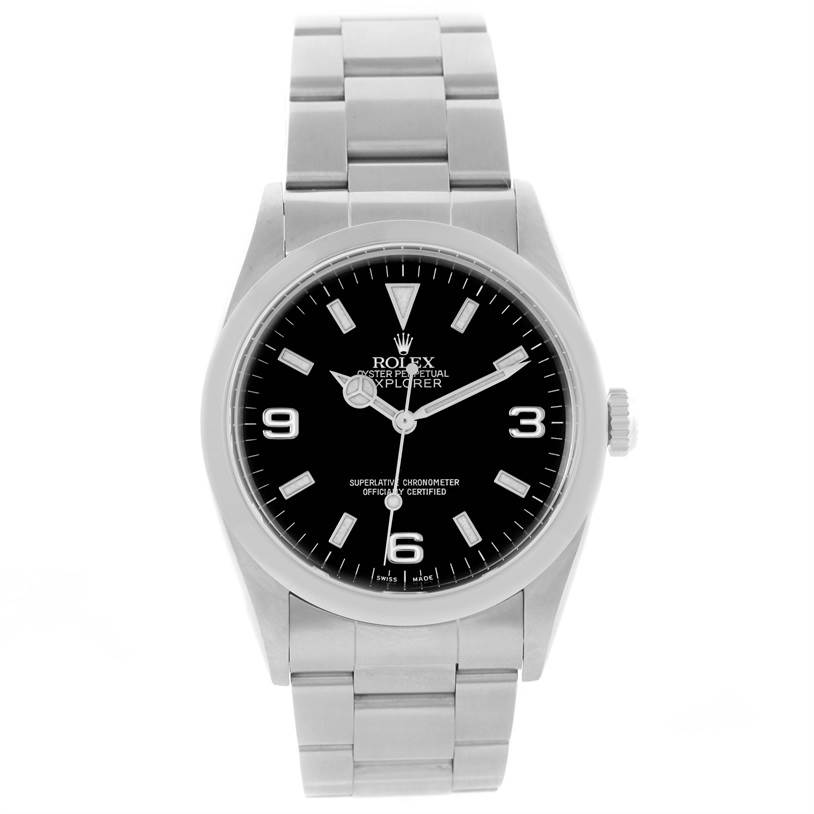 This image shows a front view of the Rolex Explorer 114270 Men's Stainless Steel Black Dial 114270 Men's Stainless Steel Black Dial model, including its black dial, hour markers, hands, bezel, case, and bracelet.
