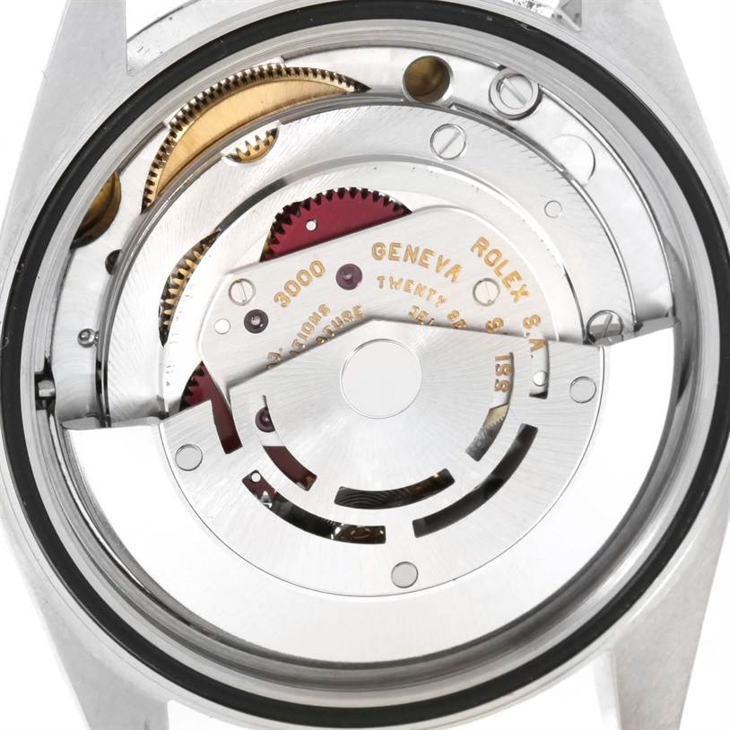 This is an internal view of the Rolex Explorer 114270 Men's Stainless Steel Black Dial 114270 Men's Stainless Steel Black Dial's movement mechanism.