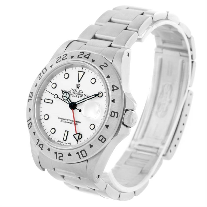 The image shows a side angle of the Rolex Explorer 16570 Men's Stainless Steel White Dial 16570 Men's Stainless Steel White Dial watch, highlighting the dial, bezel, crown, and part of the bracelet.