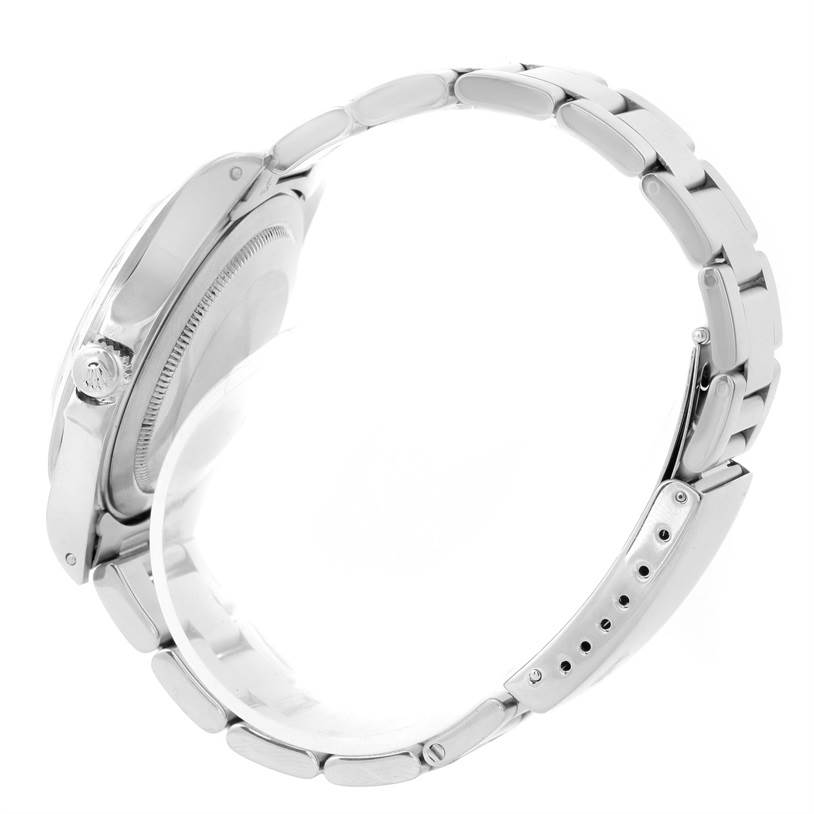 The image shows a side view of the Rolex Explorer 16570 Men's Stainless Steel White Dial 16570 Men's Stainless Steel White Dial watch, focusing on the bracelet and crown.