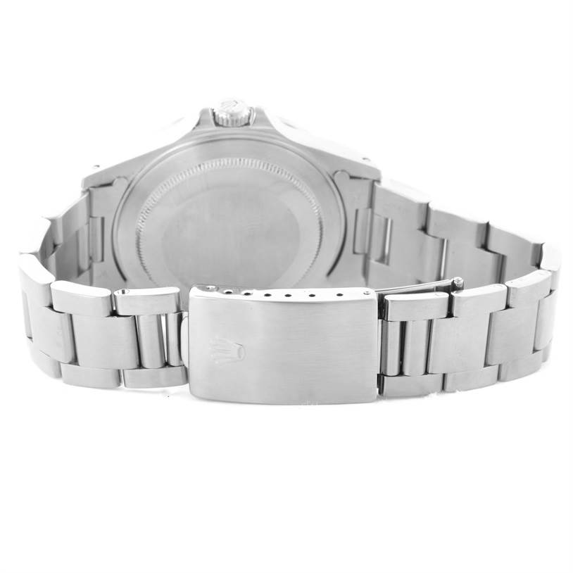 The image shows the back and bracelet clasp of the Rolex Explorer 16570 Men's Stainless Steel White Dial 16570 Men's Stainless Steel White Dial watch.