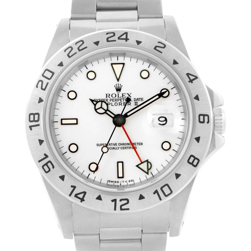 The image shows a front view of the Rolex Explorer 16570 Men's Stainless Steel White Dial 16570 Men's Stainless Steel White Dial watch, highlighting the bezel, dial, hands, and bracelet.