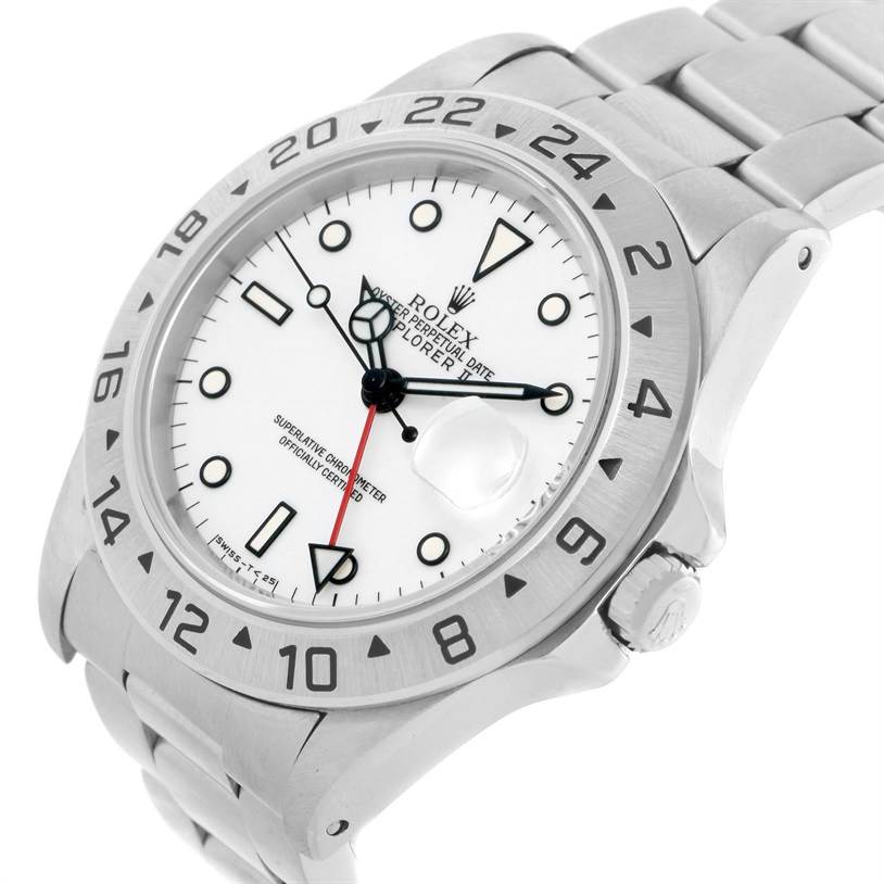 The image shows a Rolex Explorer 16570 Men's Stainless Steel White Dial 16570 Men's Stainless Steel White Dial watch at an angled view, highlighting the face, bezel, crown, and part of the bracelet.
