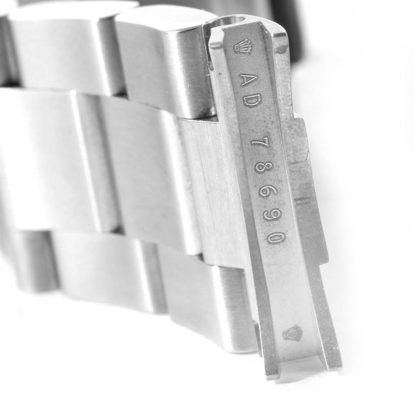 This image shows a close-up of the bracelet links and clasp of a Rolex Explorer 114270 Men's Stainless Steel Black Dial 114270 Men's Stainless Steel Black Dial model watch.