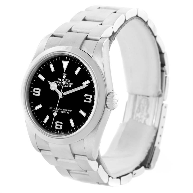 The Rolex Explorer 114270 Men's Stainless Steel Black Dial 114270 Men's Stainless Steel Black Dial watch is shown from a front angle highlighting the dial, bezel, crown, and bracelet.