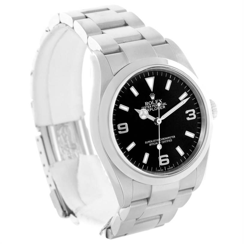 The Rolex Explorer 114270 Men's Stainless Steel Black Dial 114270 Men's Stainless Steel Black Dial watch is shown at a tilted angle, displaying its face, bezel, case, and part of the bracelet.
